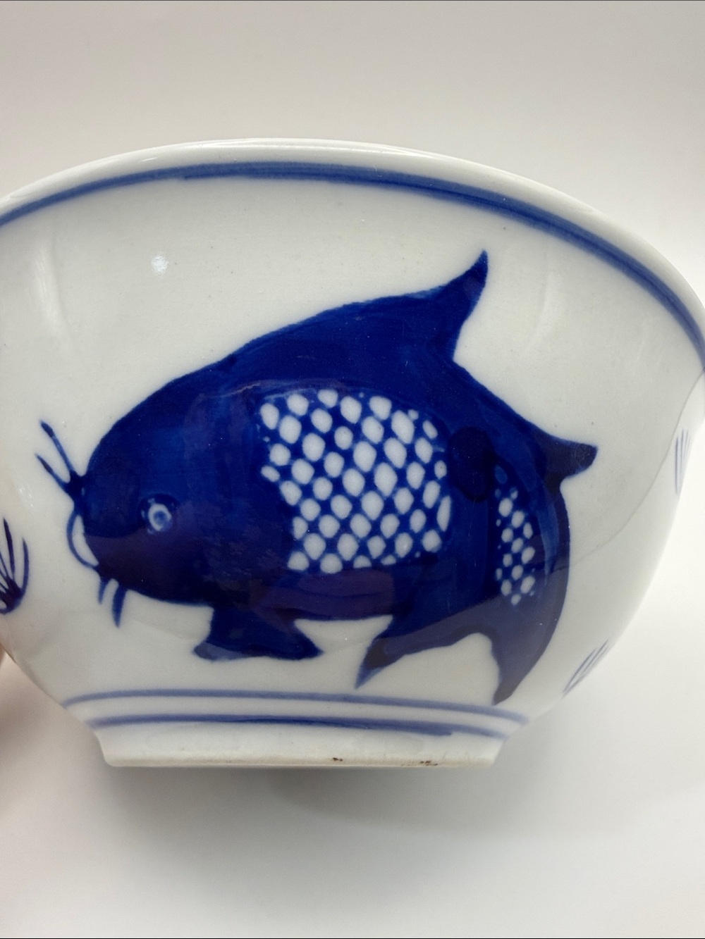 Vintage Chinoiserie Cobalt Blue & White Carp Koi Fish Rice Footed Bowl 5”x2”